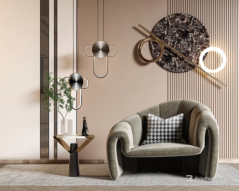 Elegant Luxurious Single Sofa With Checkered Pillow In Modern Living Interior Design 3d model 