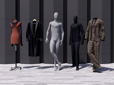 Various Clothing Styles Displayed On Mannequins Including Hoodie Robe Black Suit And Checkered Outfit 3d model