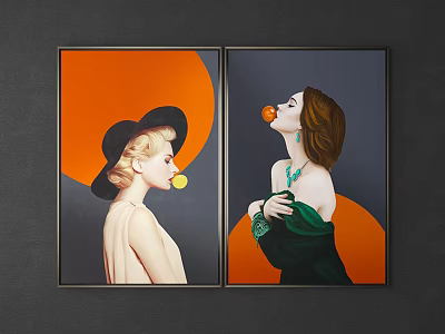 Two Female Portrait Paintings With Orange Circular Backgrounds Black Hat And Green Necklace 3d model