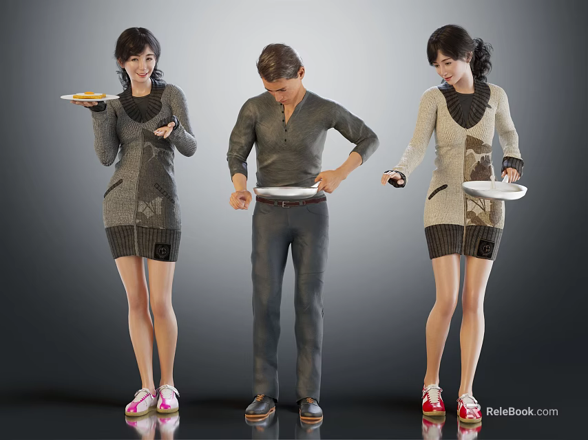 Group of Three People Holding Plates Wearing Casual Sweaters And Dresses 3d model 