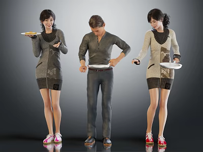 Group of Three People Holding Plates Wearing Casual Sweaters And Dresses 3d model