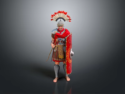 Roman Soldier in Traditional Armor With Red Cloak Helmet Feather Decoration Spear and Shield 3d model
