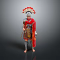 Roman Soldier in Traditional Armor With Red Cloak Helmet Feather Decoration Spear and Shield