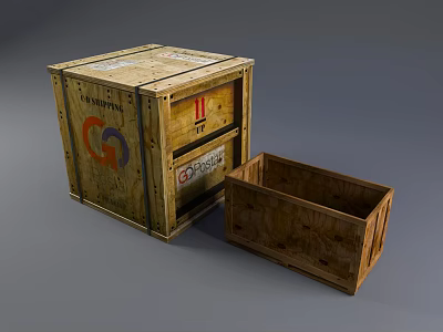 Closed Wooden Crate With Logo And Open Empty Storage Box Design 3d model