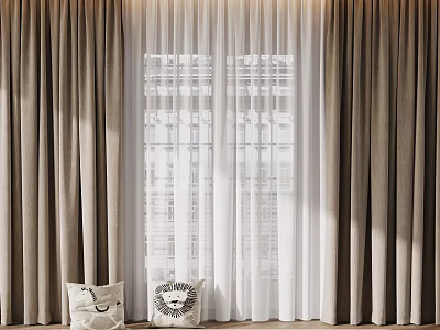 Elegant Layered Beige Thick Curtains With White Sheer For Window Room Decor 3d model