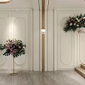 Elegant Banquet Hall Interior With White Chairs Brown Ribbons Flower Arrangements And Arched Windows