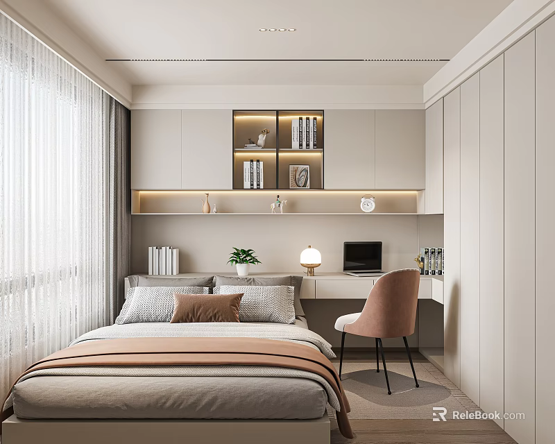 Modern Tatami Bedroom Interior With Tatami Bed Pillows Desk Computer And Bookshelf 3d model 