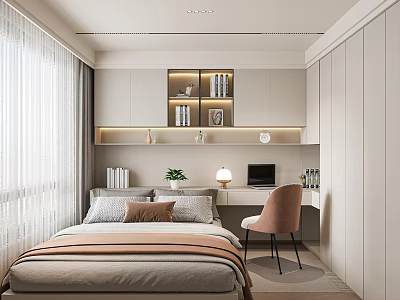 Modern Tatami Bedroom Interior With Tatami Bed Pillows Desk Computer And Bookshelf 3d model