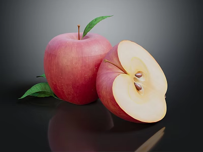Fresh Red Apples Whole And Sliced With Green Leaves On Black Surface 3d model
