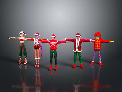 Five Children in Colorful Festive Christmas Costumes with Santa Hats Stretching Arms 3d model