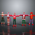 Five Children in Colorful Festive Christmas Costumes with Santa Hats Stretching Arms