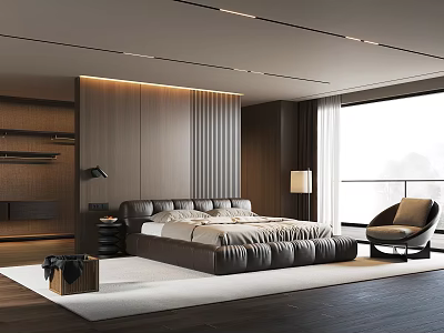 Modern Bedroom With Double Bed Dark Wooden Wall Recessed Lighting And Large Window 3d model