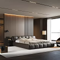 Modern Bedroom With Double Bed Dark Wooden Wall Recessed Lighting And Large Window