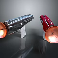 Vintage Silver And Red Metal Megaphones With Copper Mouthpieces And White Handles
