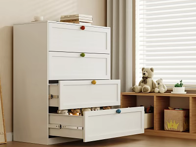 White Chest of Drawers with Open Drawers and Storage for Kids Room Interior 3d model