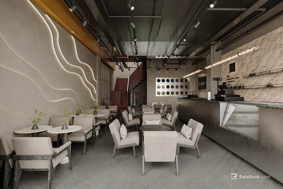 Elegant Modern Cafe Interior With Comfortable Seating Marble Accents And Soft Lighting 3d model