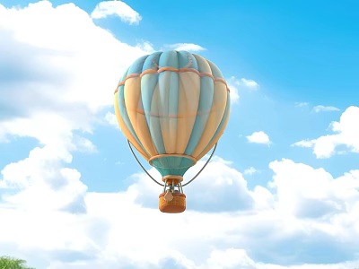 Blue And Yellow Striped Hot Air Balloon Floating In Blue Sky With White Clouds 3d model