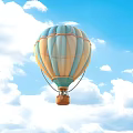 Blue And Yellow Striped Hot Air Balloon Floating In Blue Sky With White Clouds