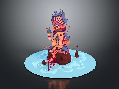 Fantasy Multi Level Architecture On Island With Bridge Water Colorful Roofs And Decorative Windows 3d model