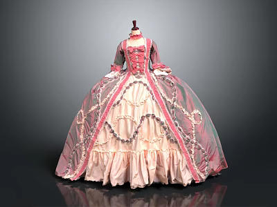 Vintage Pink And White Court Gown With Lace Trim Fluffy Skirt And Exquisite Details 3d model