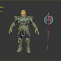 Man Wearing Blue Battle Armor with Glowing Spear and Intricate Design Details