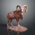 Ram Sculpture With Large Curved Horns And Brown Fur On Rock Base