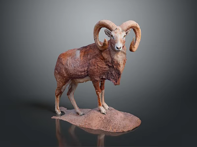 Ram Sculpture With Large Curved Horns And Brown Fur On Rock Base 3d model