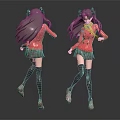 Dynamic Anime Character Figure With Red Jacket Short Skirt Black Stockings Back Front View