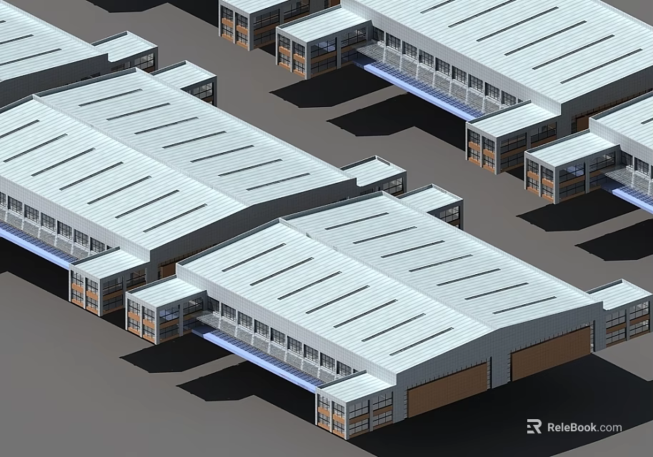 Modern Industrial Warehouse Buildings With Metal Roofs And Large Windows 3d model 