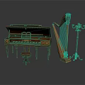 Vintage Decorative Home Living Items With Harpsichord Harp Candelabra And Stool