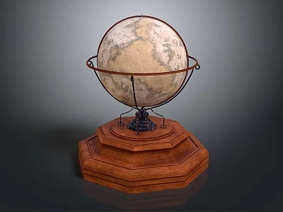 Classic Decorative Globe Ornament Set with Octagonal Wooden Base and Metal Stand 3d model
