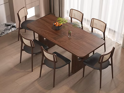 Modern Wooden Dining Table With Mesh Back Chairs And Fruit Bowl Green Plant Vase 3d model