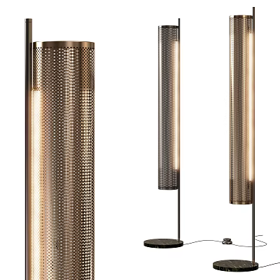 Three Modern Metal Floor Lamps With Cylindrical Hollow out Design And Warm Light 3d model