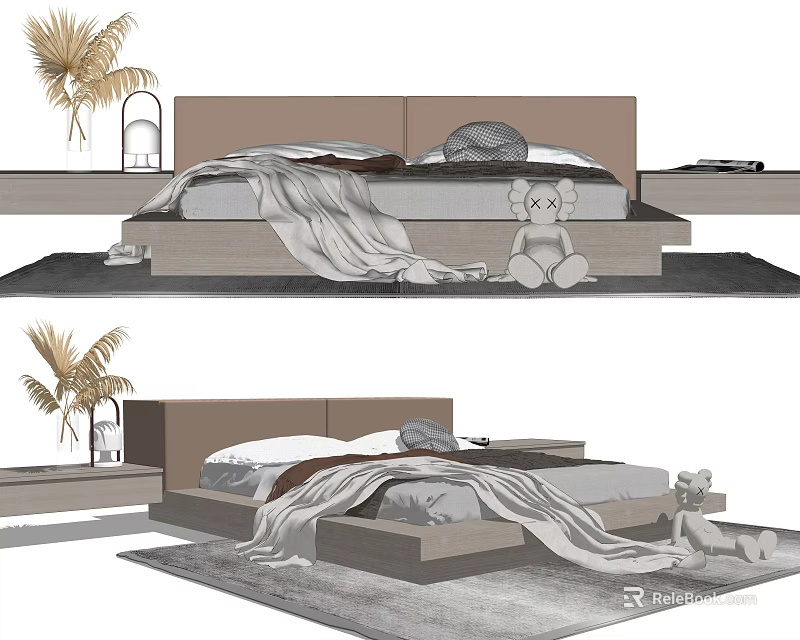 Modern Double Bed Interior With Platform Headboard Blanket Palm Plant And Stuffed Toy 3d model 