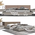 Modern Double Bed Interior With Platform Headboard Blanket Palm Plant And Stuffed Toy