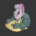 Fantasy Creature Character With Pink Body White Wings On Rock And Sand