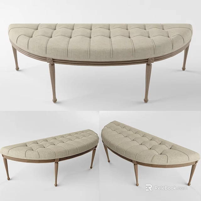 Beige Tufted Upholstered Sofa Bench With Wooden Legs And Arched Design For Living Room 3d model 