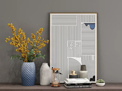 Yellow Flowers in Blue Vase with Geometric Art on Wooden Table Against Gray Wall 3d model Yellow Flowers in Blue Vase with Geometric Art on Wooden Table Against Gray Wall 3d model