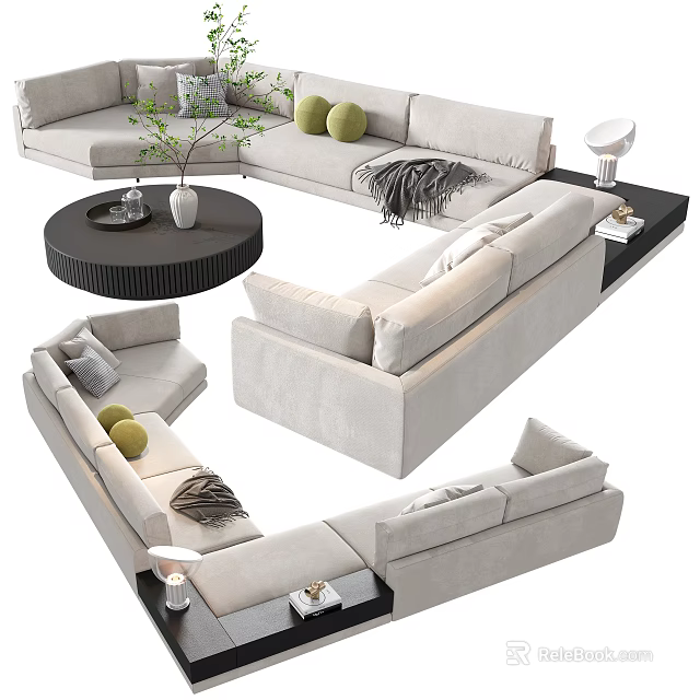 Sectional Sofa with Round Coffee Table Green Pillows Throw Blanket Side Table and Lamp 3d model