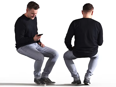 Man Sitting Using Smartphone In Black Shirt Gray Pants Front And Back Views 3d model