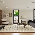 Cozy Living Room Interior With Black Sofa Patterned Rug Coffee Table And Fireplace
