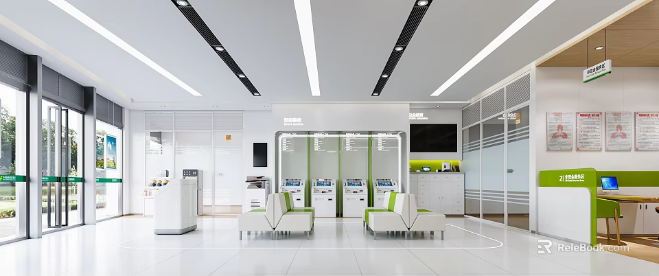 Modern Bank Interior With Self service Kiosks Comfortable Seating And Digital Screens 3d model 