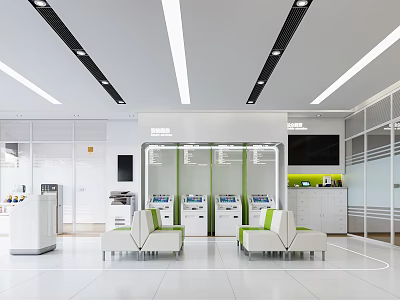 Modern Bank Interior With Self service Kiosks Comfortable Seating And Digital Screens 3d model