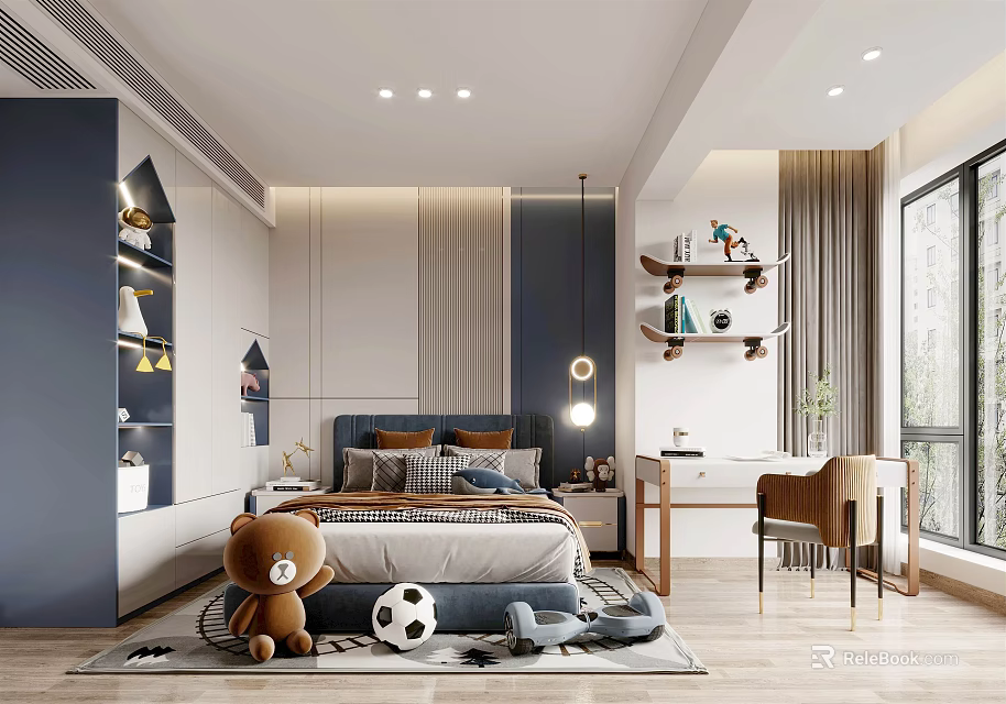 Kids Room Interior With Cozy Bed Teddy Bear Soccer Ball Shelves Desk And Chair 3d model 