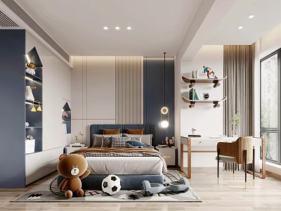 Kids Room Interior With Cozy Bed Teddy Bear Soccer Ball Shelves Desk And Chair 3d model