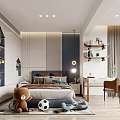 Kids Room Interior With Cozy Bed Teddy Bear Soccer Ball Shelves Desk And Chair