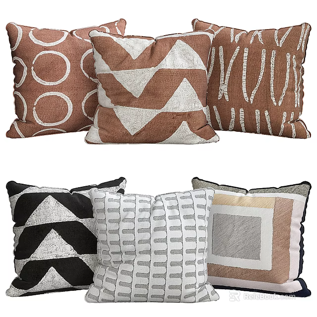 Modern Geometric Throw Pillows With Circular Zigzag Striped Patterns In Brown Black White Tones 3d model
