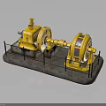 Yellow Industrial Mechanical Equipment With Large Wheels On Platform And Guardrail