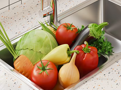 Fresh Vegetables in Stainless Steel Sink with Cabbage Carrot Tomatoes Bell Peppers Onion and Parsley 3d model