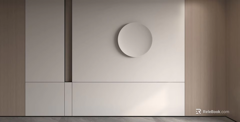 Modern Minimalist Sofa Background Wall Design With Circular Decor And Wooden Panels 3d model 